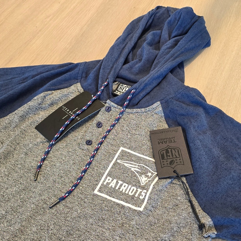 NFL Team Apparel New England Patriots Henley Hoodie Mens Large Blue Grey NWT